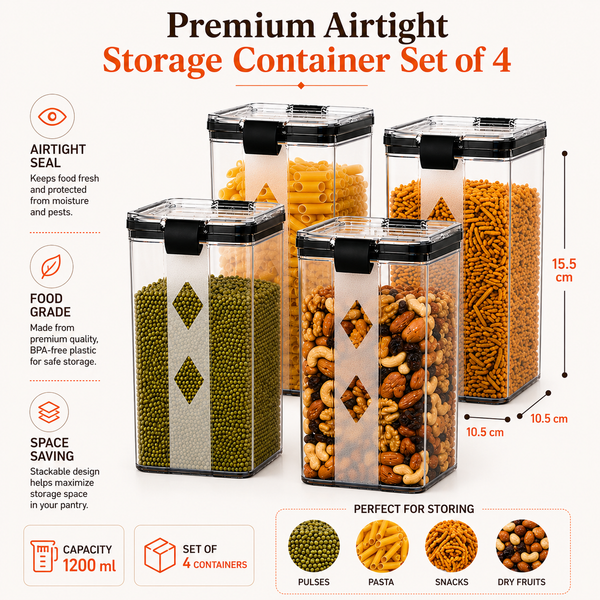 WellHomes Airtight Food Storage Containers Set of 4 | 4pcs ×1100ml | Transparent Kitchen Storage & Pantry Organizer.