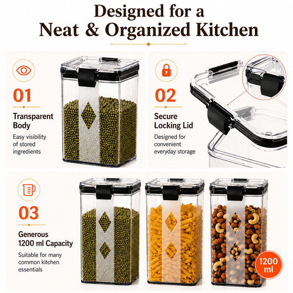WellHomes Airtight Food Storage Containers Set of 4 | 4pcs ×1100ml | Transparent Kitchen Storage & Pantry Organizer.