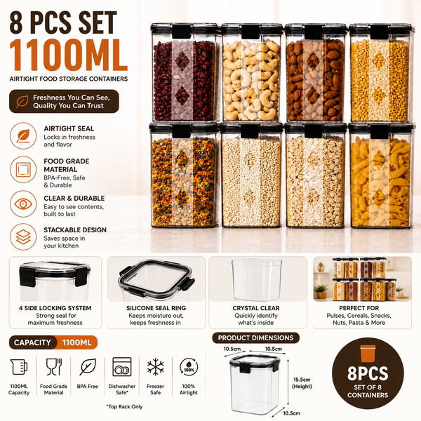 WellHomes Airtight Storage Containers Set of 16 | 8×700ml + 8×1100ml | Transparent Kitchen Pantry Containers (Copy)