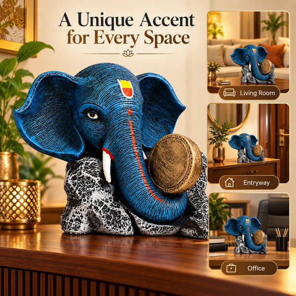 WellHomes Blue Ganesha Elephant Drum Showpiece | Premium Resin Decorative Statue for Home & Office Décor