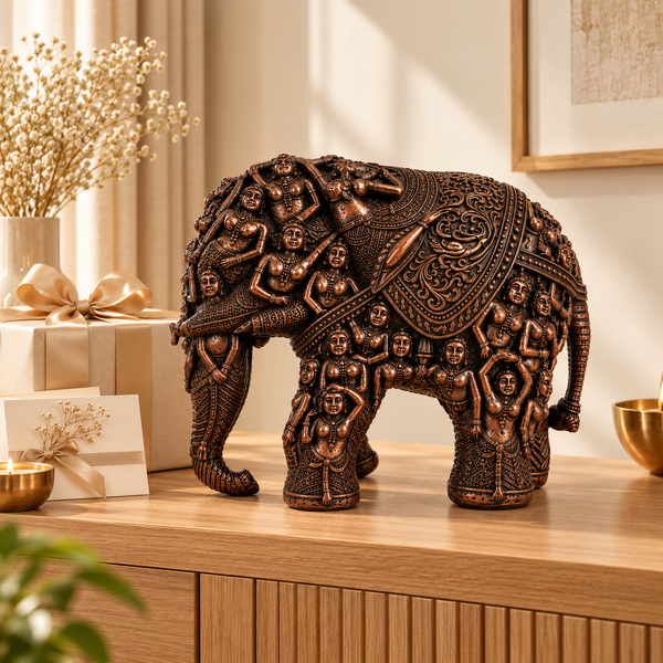 WellHomes™Brwon Human Elephant Sculpture – Intricately Carved Decorative Showpiece for Home Décor