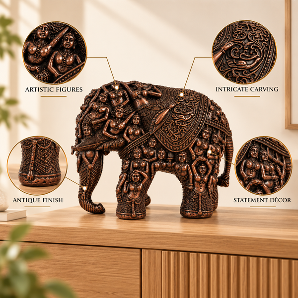 WellHomes™Brwon Human Elephant Sculpture – Intricately Carved Decorative Showpiece for Home Décor