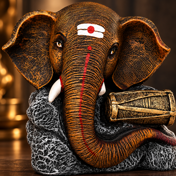 Dholak Antique Brown Ganesha Elephant Sculpture | Premium Luxury Home Décor Statue