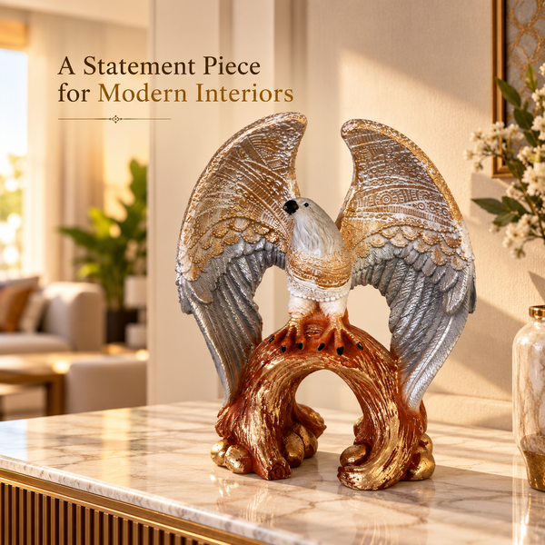 Eagle Statue for Home Décor | Decorative Bird Sculpture with Textured Silver Wings & Antique Gold Tree Branch Base