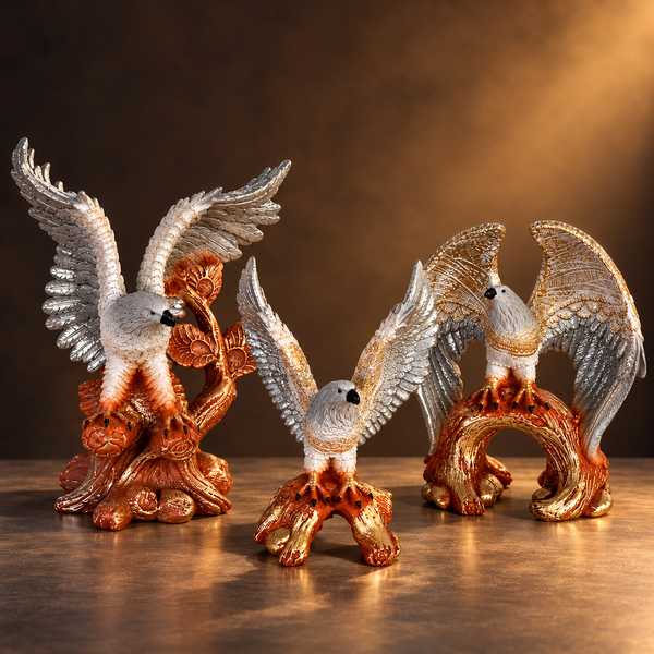 Eagle Statue Set of 3 for Home Décor | Premium Decorative Eagle Sculptures | Silver & Gold Finish