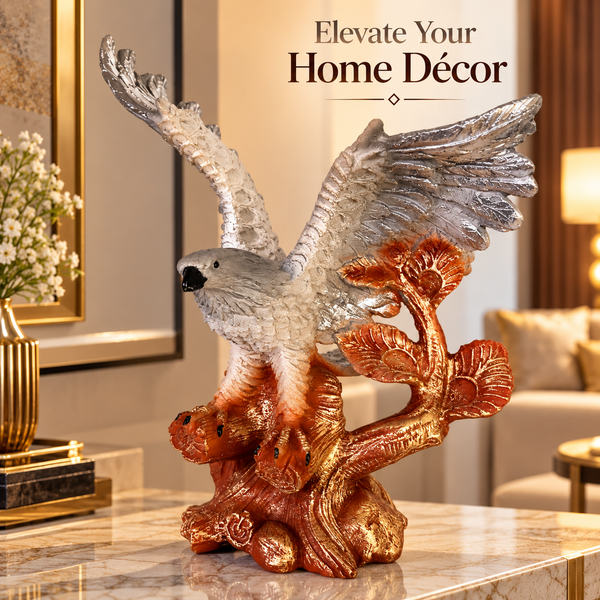 Eagle Statue for Home Décor – Spread Wings Bird Sculpture with Tree Branch, Silver & Bronze Finish Decorative Showpiece