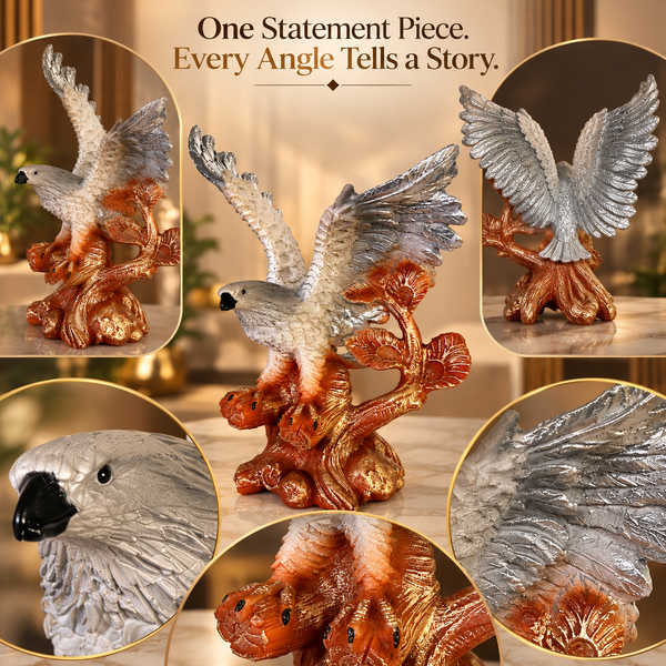 Eagle Statue for Home Décor – Spread Wings Bird Sculpture with Tree Branch, Silver & Bronze Finish Decorative Showpiece