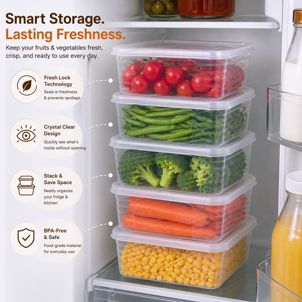 Wellhomes™ Fridge Organizer Storage Boxes Set of 6 (2000 ml Each) with Drain Plate | BPA-Free Stackable Refrigerator Containers for Fruits, Vegetables & Kitchen Storage