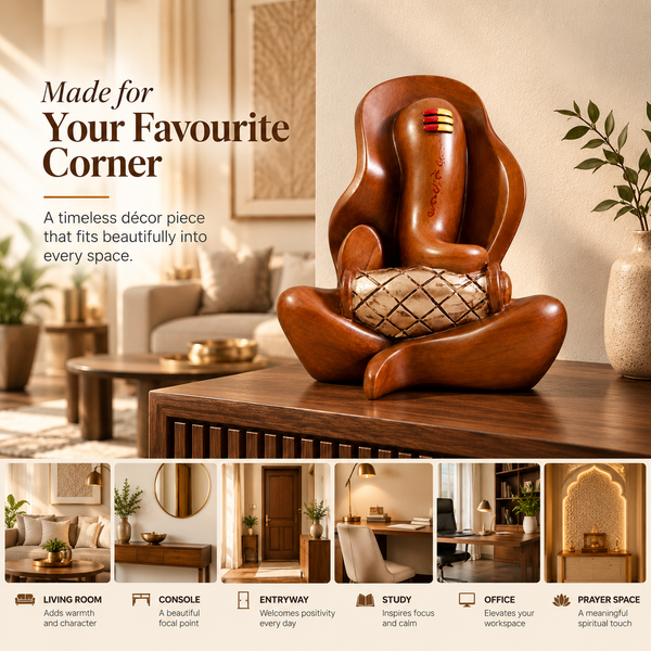 WellHomes™ Wooden Lord Ganesha with Dholak Statue – Premium Brown Ganesh Idol for Home Décor, Pooja Room & Gifting