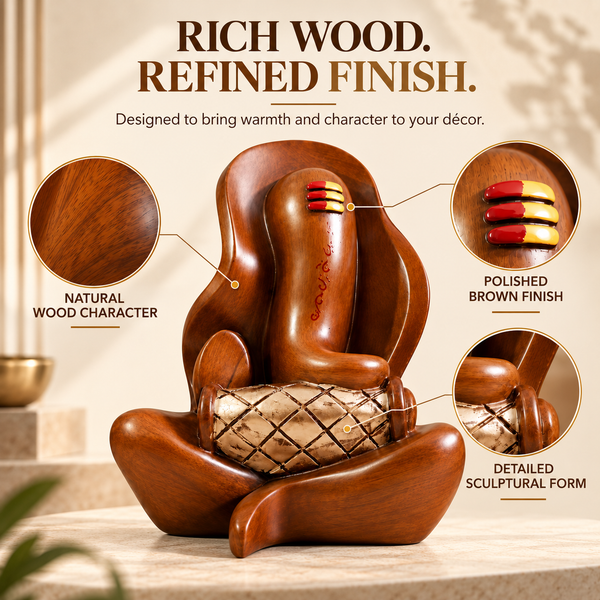 WellHomes™ Wooden Lord Ganesha with Dholak Statue – Premium Brown Ganesh Idol for Home Décor, Pooja Room & Gifting