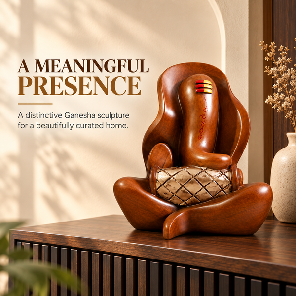 WellHomes™ Wooden Lord Ganesha with Dholak Statue – Premium Brown Ganesh Idol for Home Décor, Pooja Room & Gifting
