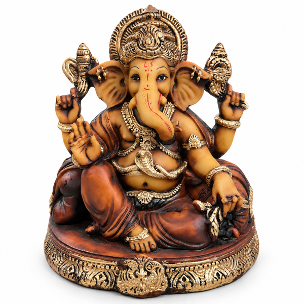 WellHomes™ Antique Brown Ganesha Idol for Home Decor | 17 cm Ganesh Murti Statue with Gold Detailing