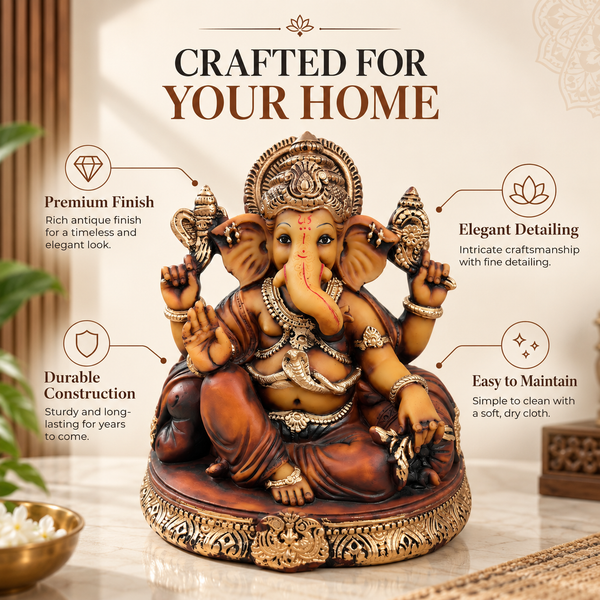 WellHomes™ Antique Brown Ganesha Idol for Home Decor | 17 cm Ganesh Murti Statue with Gold Detailing