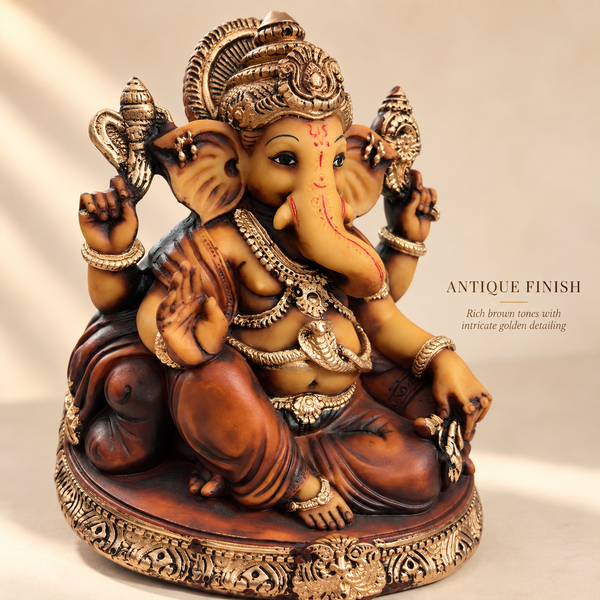 WellHomes™ Antique Brown Ganesha Idol for Home Decor | 17 cm Ganesh Murti Statue with Gold Detailing