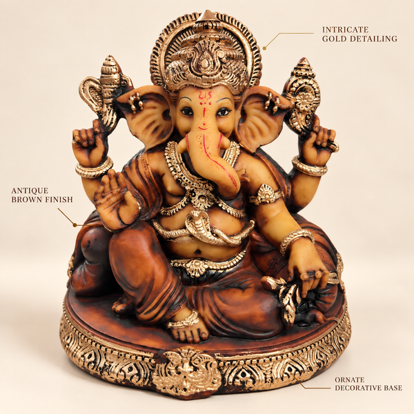 WellHomes™ Antique Brown Ganesha Idol for Home Decor | 17 cm Ganesh Murti Statue with Gold Detailing