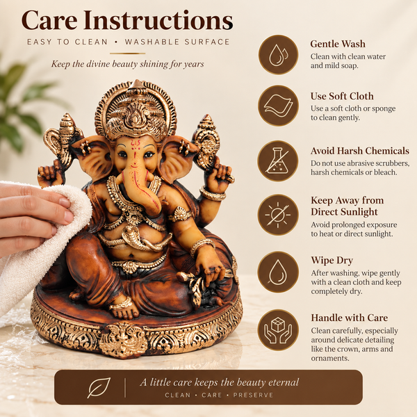 WellHomes™ Antique Brown Ganesha Idol for Home Decor | 17 cm Ganesh Murti Statue with Gold Detailing