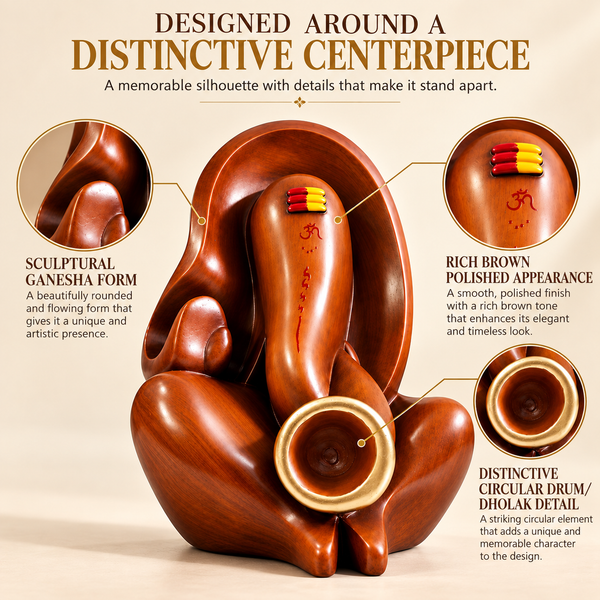 WellHomes™ Wooden Lord Ganesha with Sehanai Statue – Premium Brown Ganesh Idol for Home Décor & Gifting