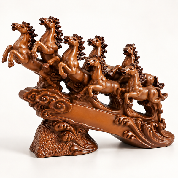 WellHomes™ 7 Running Horses Statue for Home Decor – 19 Inches Premium Brown Decorative Horse Showpiece for Living Room, Office & Entrance
