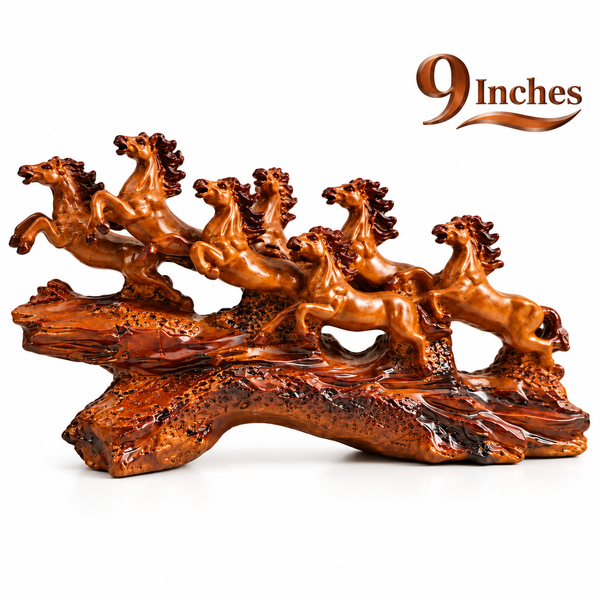 WellHomes™ 7 Running Horses Statue for Home Decor – 9Inches Premium Brown Decorative Horse Showpiece for Living Room, Office & Entrance
