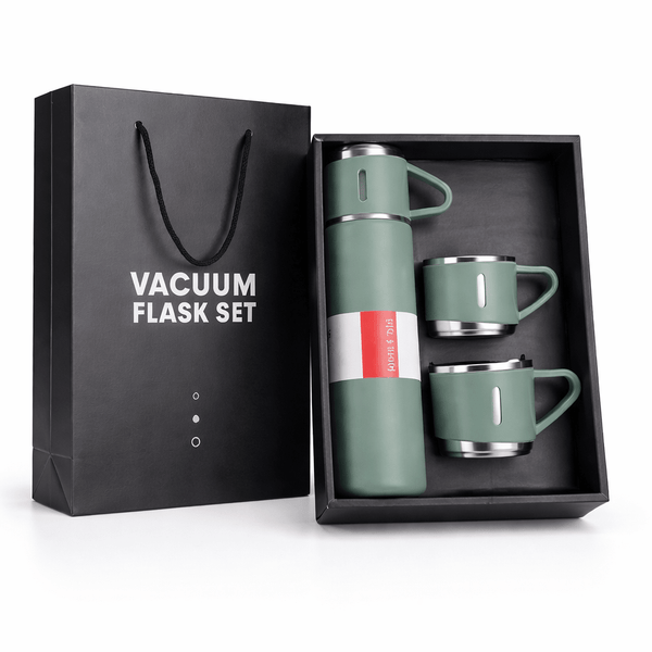 Insulated Thermos Flask Set with 2 Cups – Stainless Steel Hot & Cold Bottle for Travel, Office & Gifting - Wellhomes™
