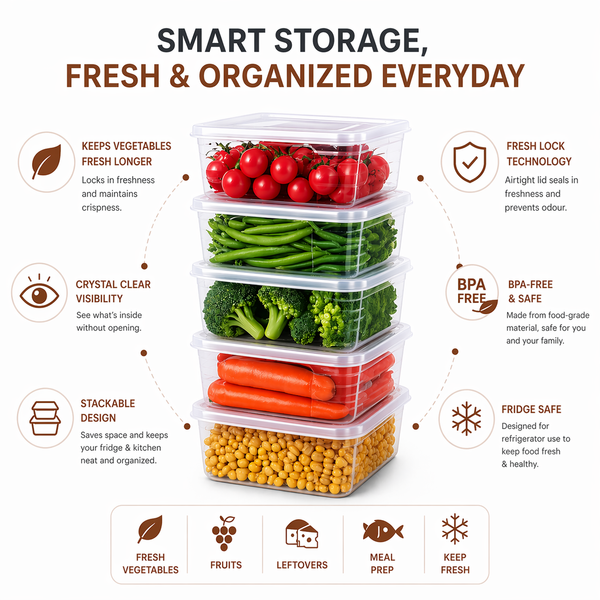 Wellhomes™ Fridge Organizer Storage Boxes Set of 6 (2000 ml Each) with Drain Plate | BPA-Free Stackable Refrigerator Containers for Fruits, Vegetables & Kitchen Storage