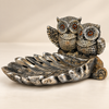 WellHomes™ Owl Couple Decorative Tray Showpiece – Antique Silver Metal Owl Figurine for Living Room, Tabletop & Home Décor
