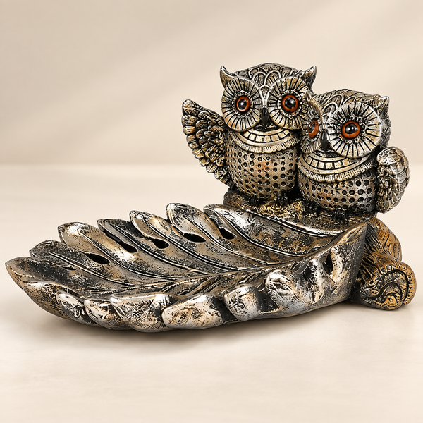 WellHomes™ Owl Couple Decorative Tray Showpiece – Antique Silver Metal Owl Figurine for Living Room, Tabletop & Home Décor