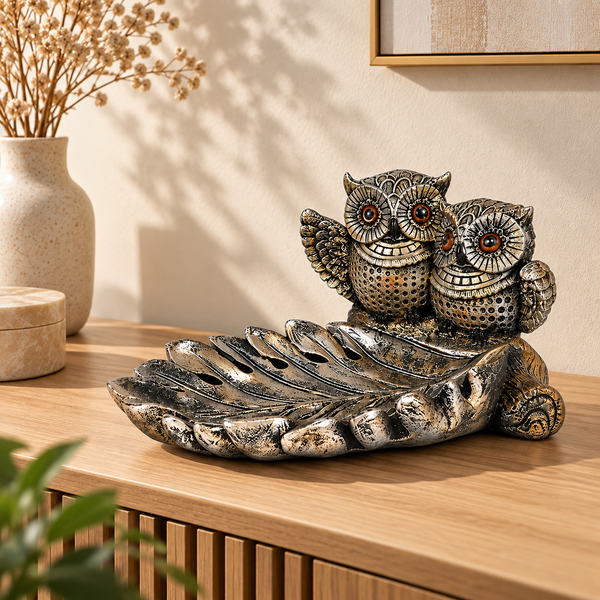 WellHomes™ Owl Couple Decorative Tray Showpiece – Antique Silver Metal Owl Figurine for Living Room, Tabletop & Home Décor
