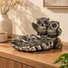 WellHomes™ Owl Couple Decorative Tray Showpiece – Antique Silver Metal Owl Figurine for Living Room, Tabletop & Home Décor