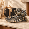 WellHomes™ Owl Couple Decorative Tray Showpiece – Antique Silver Metal Owl Figurine for Living Room, Tabletop & Home Décor