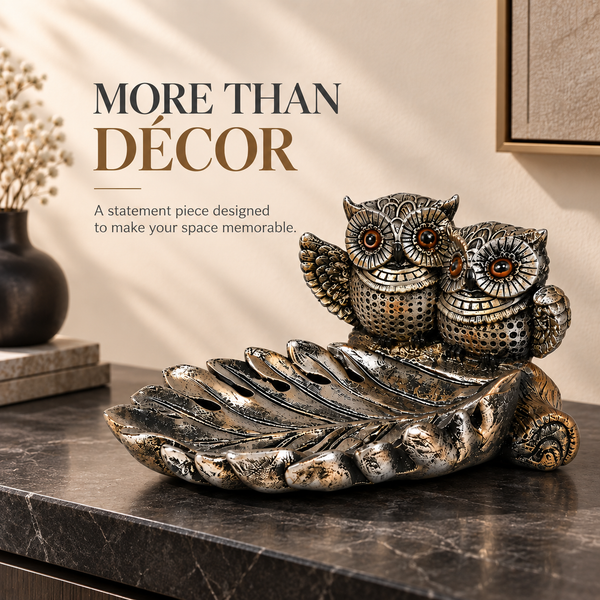 WellHomes™ Owl Couple Decorative Tray Showpiece – Antique Silver Metal Owl Figurine for Living Room, Tabletop & Home Décor