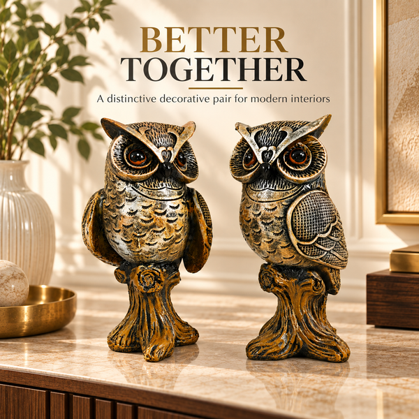 WellHomes™Decorative Owl Showpiece Set of 2 | Elegant Owl Figurines for Home Décor