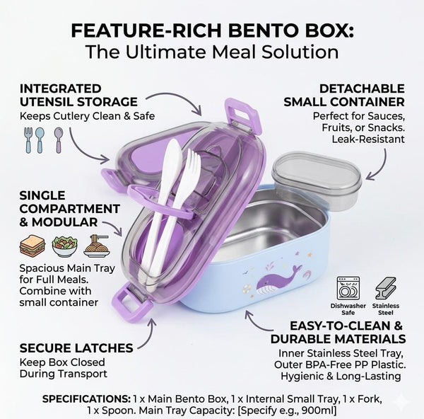 Premium Stainless Steel Bento Lunch Box with Integrated Utensils & Leak - Proof Snack Container – 650ml - Wellhomes™