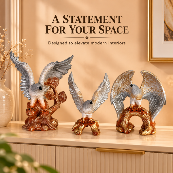 Eagle Statue Set of 3 for Home Décor | Premium Decorative Eagle Sculptures | Silver & Gold Finish