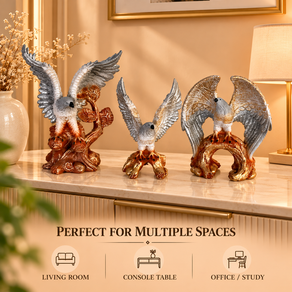 Eagle Statue Set of 3 for Home Décor | Premium Decorative Eagle Sculptures | Silver & Gold Finish