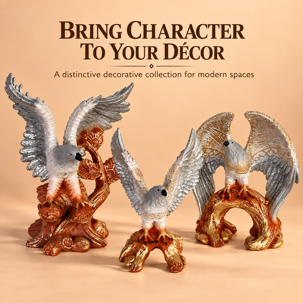 Eagle Statue Set of 3 for Home Décor | Premium Decorative Eagle Sculptures | Silver & Gold Finish
