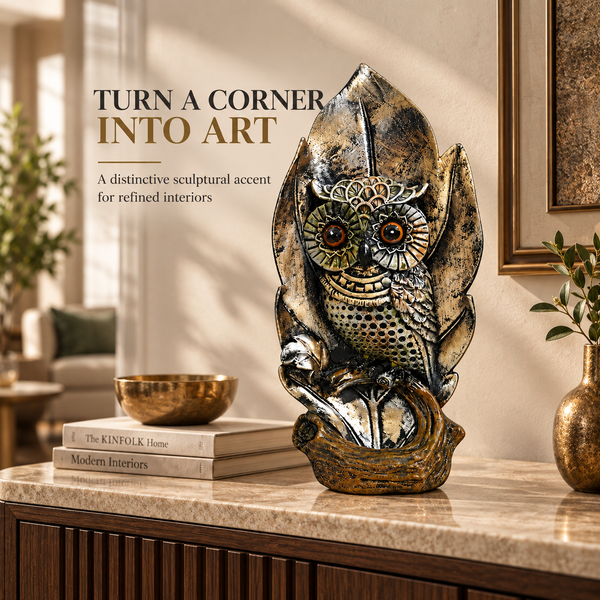 WellHomes™ Antique Owl Sculpture Showpiece | Artistic Owl Figurine for Home Décor | Black, Gold & Bronze Finish