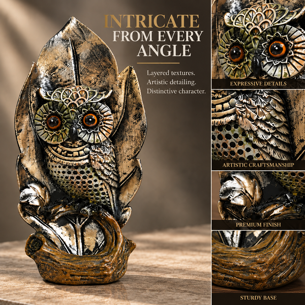WellHomes™ Antique Owl Sculpture Showpiece | Artistic Owl Figurine for Home Décor | Black, Gold & Bronze Finish