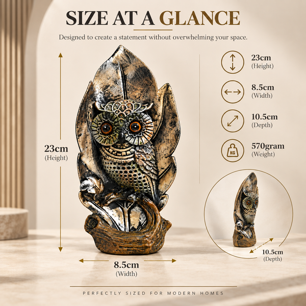 WellHomes™ Antique Owl Sculpture Showpiece | Artistic Owl Figurine for Home Décor | Black, Gold & Bronze Finish