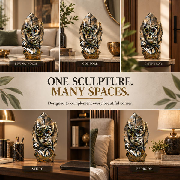 WellHomes™ Antique Owl Sculpture Showpiece | Artistic Owl Figurine for Home Décor | Black, Gold & Bronze Finish