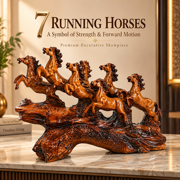 WellHomes™ 7 Running Horses Statue for Home Decor – 9Inches Premium Brown Decorative Horse Showpiece for Living Room, Office & Entrance