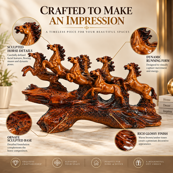 WellHomes™ 7 Running Horses Statue for Home Decor – 9Inches Premium Brown Decorative Horse Showpiece for Living Room, Office & Entrance