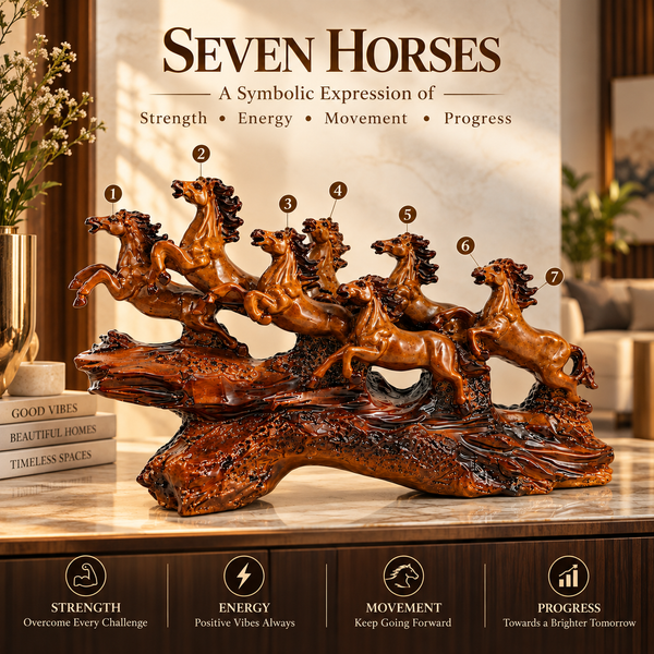 WellHomes™ 7 Running Horses Statue for Home Decor – 9Inches Premium Brown Decorative Horse Showpiece for Living Room, Office & Entrance