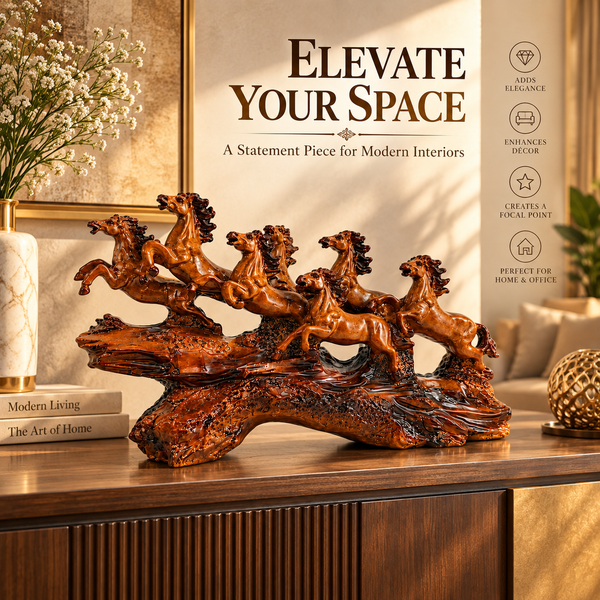 WellHomes™ 7 Running Horses Statue for Home Decor – 9Inches Premium Brown Decorative Horse Showpiece for Living Room, Office & Entrance