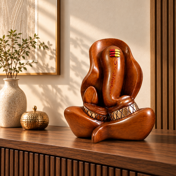 WellHomes™ Wooden Lord Ganesha Statue – Handcrafted Brown Decorative Idol for Home, Living Room & Pooja Décor