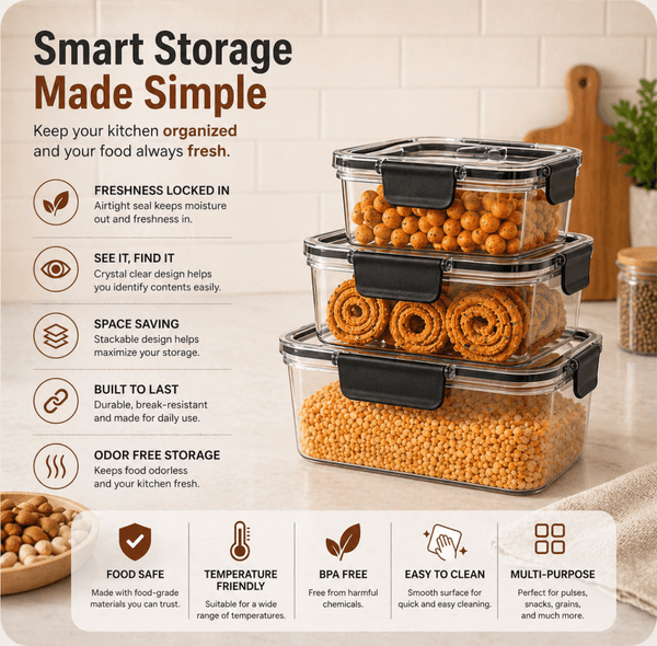 Wellhomes™ - Air - Tight Kitchen Storage Containers | Transparent BPA - Free Plastic Boxes with Black Lids |Stackable and Reusable Food Organizer for Grains, Snacks, Pulses, Spices. - Wellhomes™