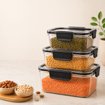 Wellhomes™- Air-Tight Kitchen Storage Containers | Transparent BPA-Free Plastic Boxes with Black Lids |Stackable and Reusable Food Organizer for Grains, Snacks, Pulses, Spices.