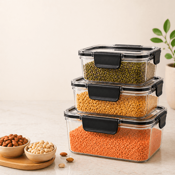 Wellhomes™ - Air - Tight Kitchen Storage Containers | Transparent BPA - Free Plastic Boxes with Black Lids |Stackable and Reusable Food Organizer for Grains, Snacks, Pulses, Spices. - Wellhomes™