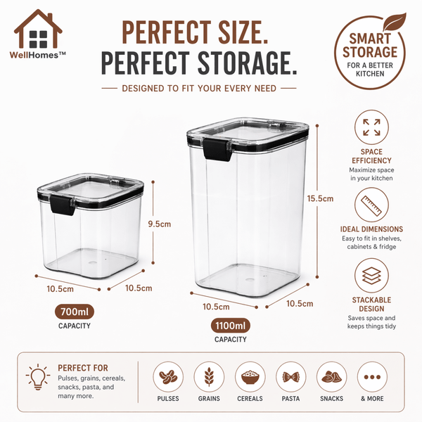 Wellhomes™ Airtight Food Storage Container Combo of (4pcs - 700ml + 4pcs - 1100ml) - Wellhomes™