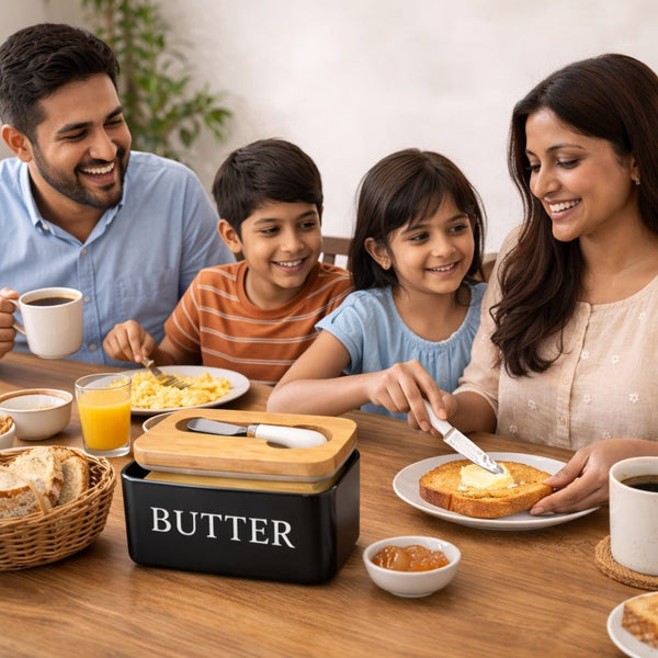 Wellhomes™ Ceramic Airtight Butter Storage with Bamboo Lid & Butter Knife | Kitchen Butter Keeper. - Wellhomes™